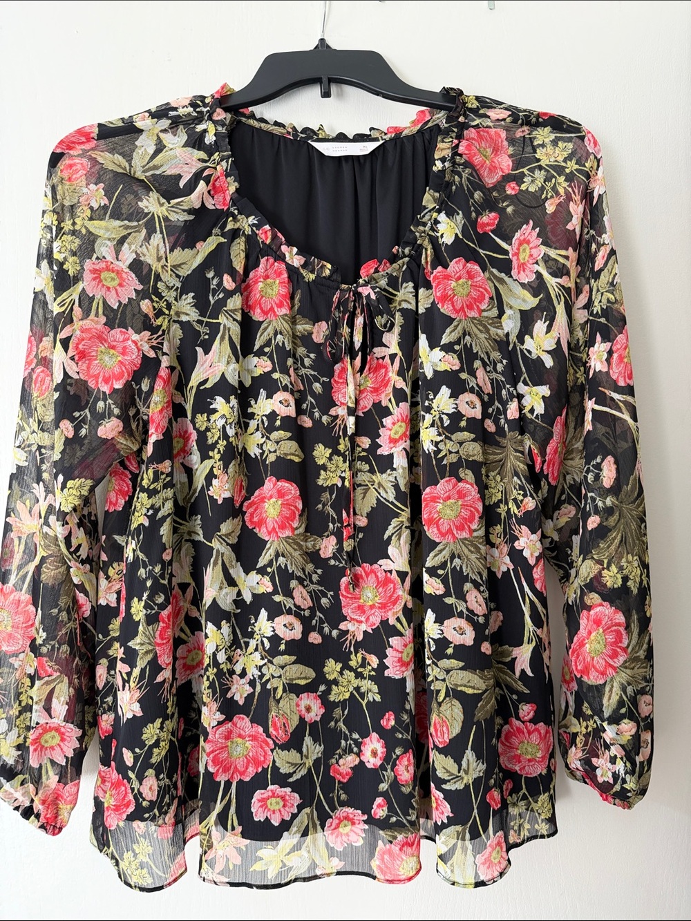 LC Lauren Conrad Black Sheer Floral Tie-Neck Blouse with Pink and Green Blossoms